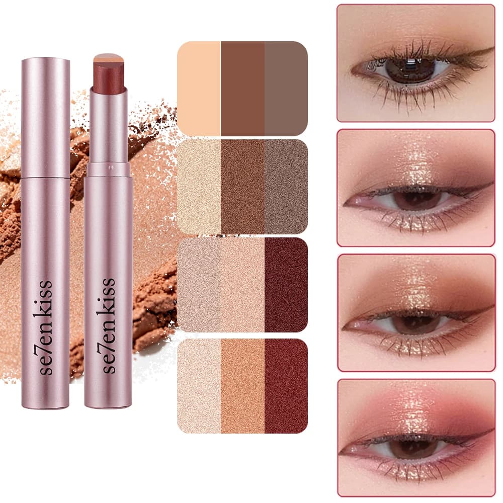 Ombretto Stick 3 Colori in 1 - Formula Cremosa, Punta Curva, Senza Bisogno di Sfumare, Lunga Durata, Effetto Opaco e Shimmer