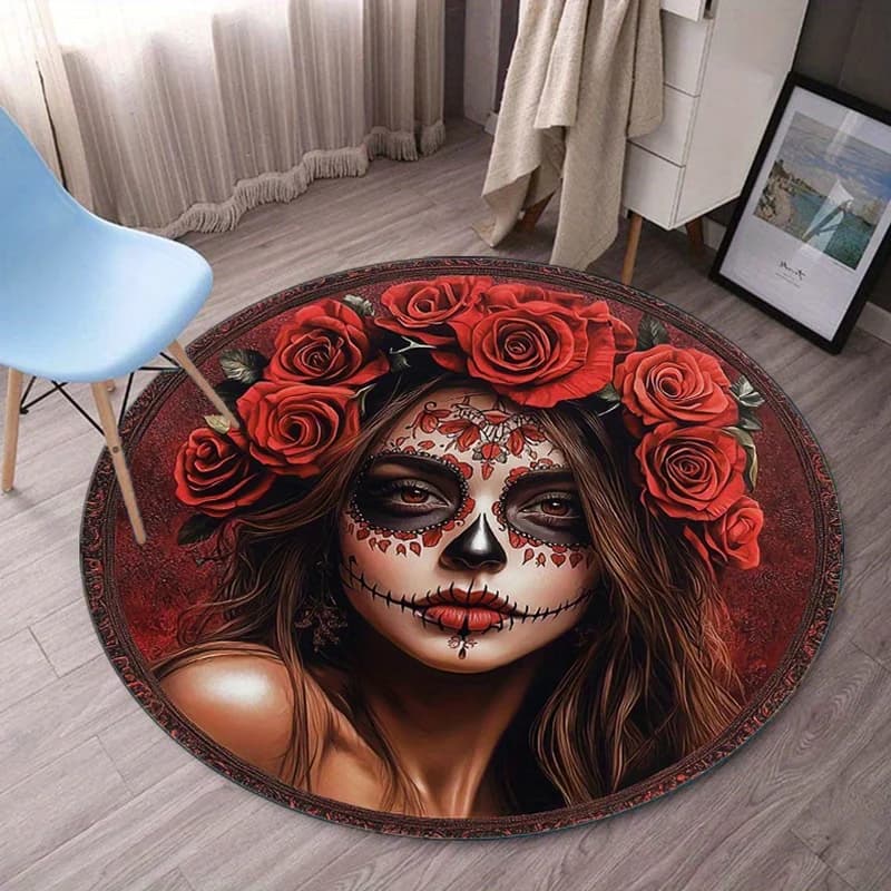 Tappeto rotondo da donna con teschio di zucchero del giorno dei morti Fiore di rosa rossa Halloween Art Home Decor Tappetino stile Boho Design artistico