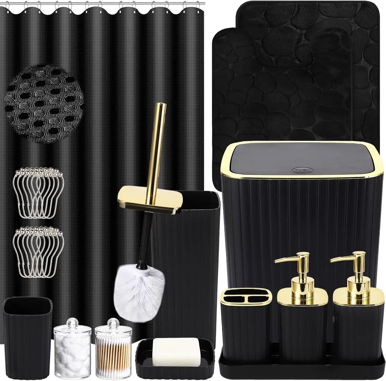 Set di accessori da bagno da 25 pezzi con tenda da doccia, tappeti, scopino e dispenser - Nero