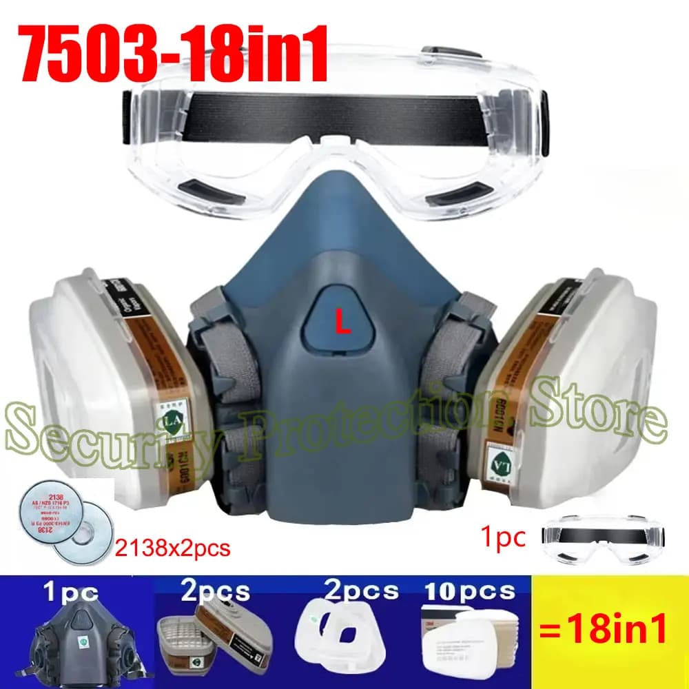 18in1 7503 Respiratore per gas antipolvere Mezza faccia Maschera antipolvere per verniciatura Spruzzo Vapor organico Filtro per gas chimico Sicurezza sul lavoro per 3M