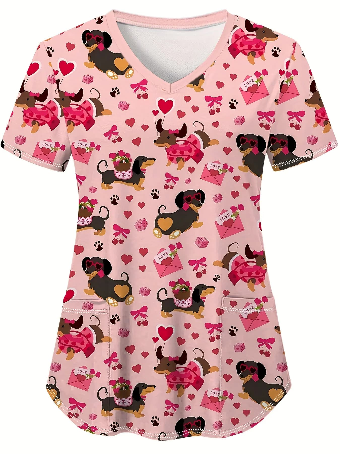 Top da donna a maniche corte con scollo a V e stampa bassotto carino con tasche applicate con design con stampa a zampa di cuore, perfetto per gli infermieri, abiti estivi