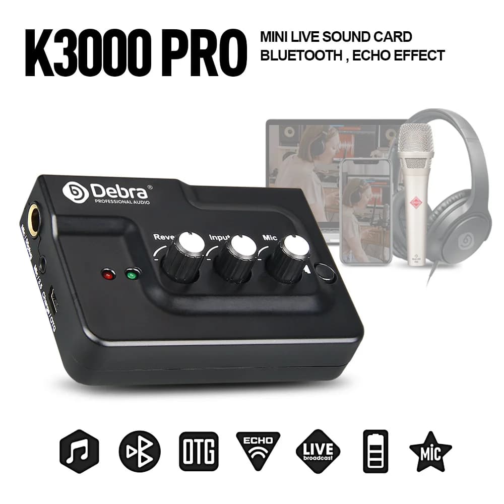 K3000 PRO Audio card direct interface Mixer Audio Echo external with DSP Bluetooth reverb effect for Mic instrumentation