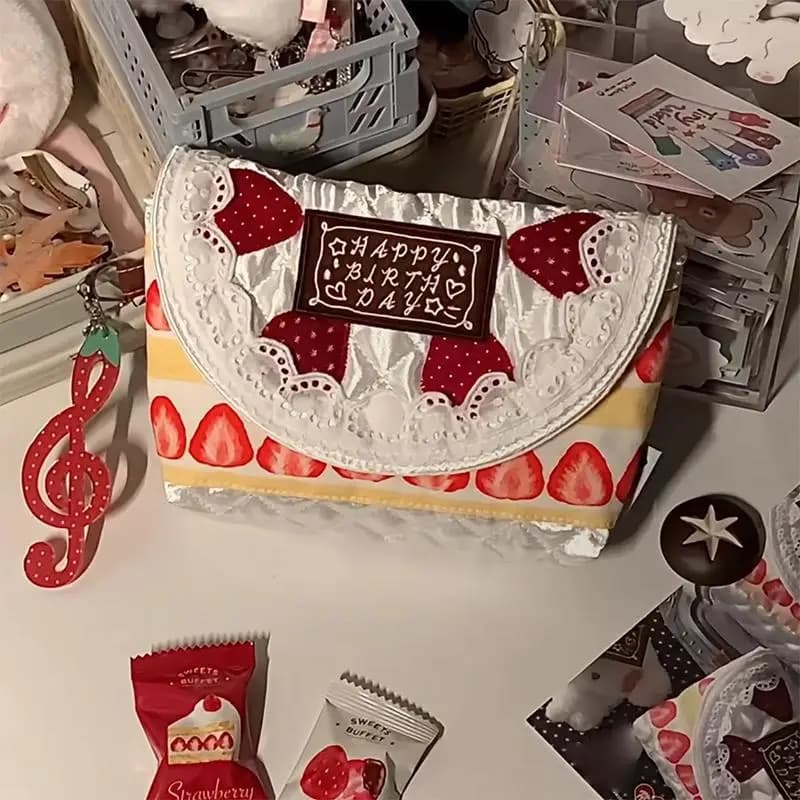 Borsa a mano Kawaii Fashion Patchwork a forma di fragola, borsa unica a forma di torta per donna, borsa tote di lusso per regalo, compleanno o festa
