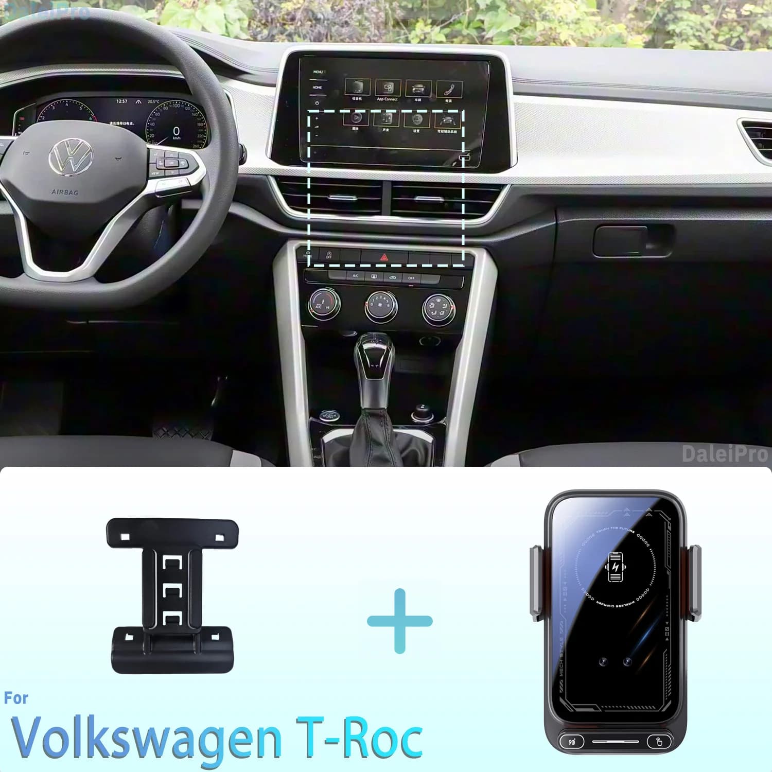 Progettato per Volkswagen VW T-Roc 2023-2026 Supporto per telefono Supporto magnetico per auto Rilevamento intelligente Ricarica wireless Rilascio one-touch Qi