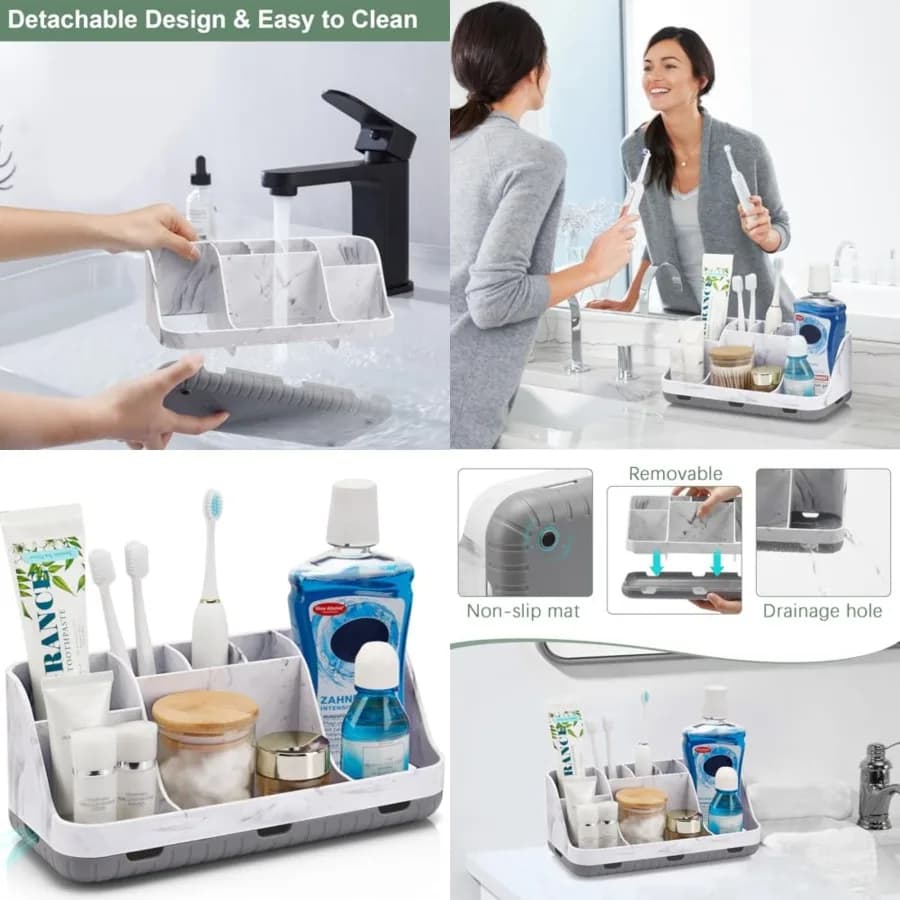 Organizer da Bagno in Marmo - Porta Spazzolino Elettrico e Dentifricio Staccabile a 7 Scomparti con Drenaggio per Accesso al Bagno