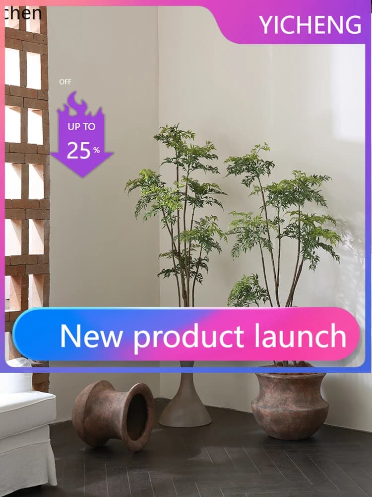 LYYY Ground vase with artificial green plant, fake tree Ficus Lyrata, vintage vase aged effect, high-end ornament