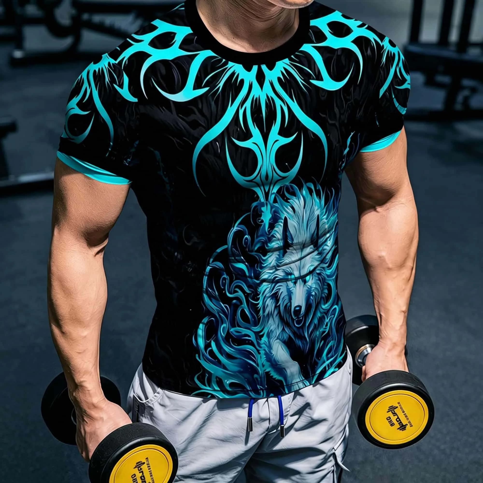 Neon Blue Tribal Totem Wild Wolf Graphic Slim Fit T-shirt For Men Breathable Moisture Wicking WeightliftingCrossfit TrainingTop