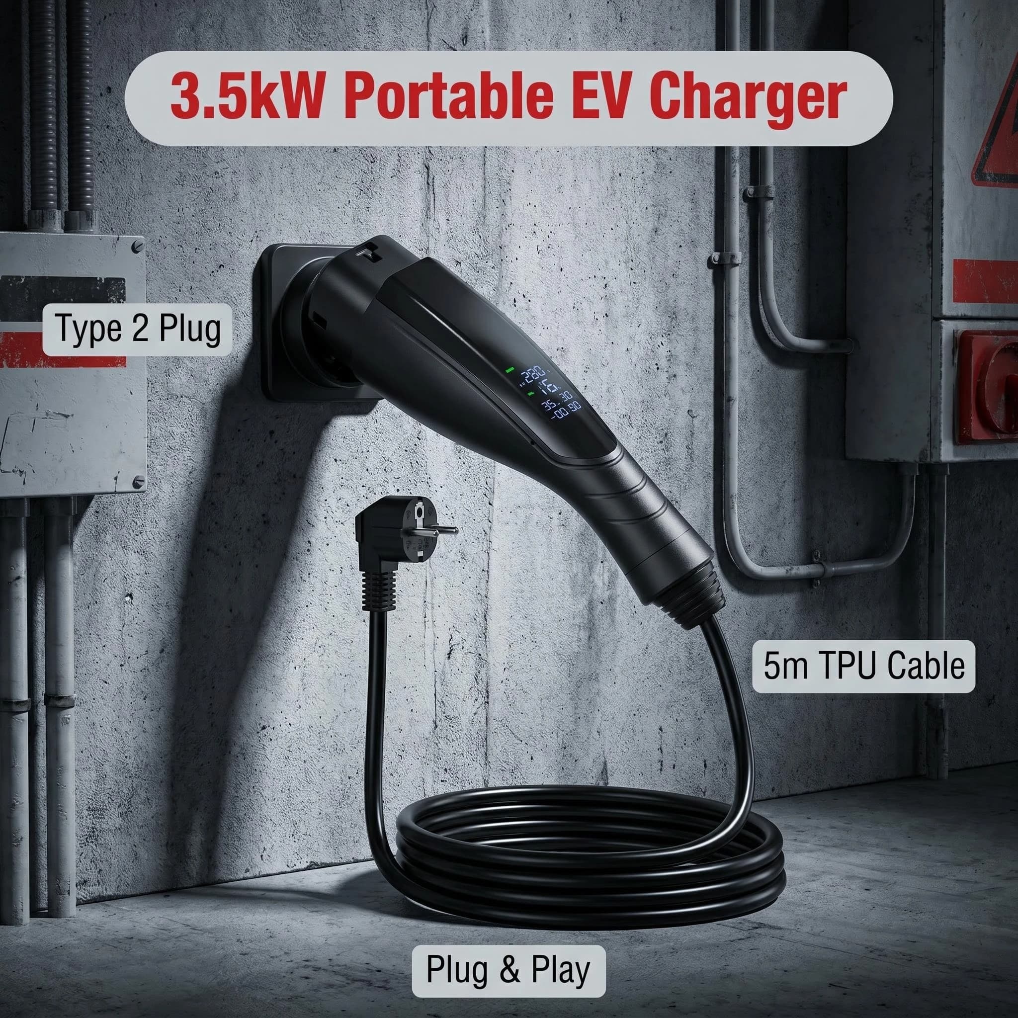 Portable 3.5kW 16A EV Charger with 3/5m Cable, Digital Screen, Compatible with BYD MG AION