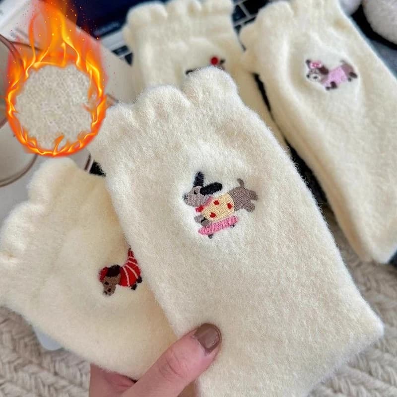 Cute Dog Mink Fleece Soft Socks Women Winter Warm Thicken Cartoon Plush Middle Tube Socks Thermal Cozy Sleep Floor Kawaii Sock