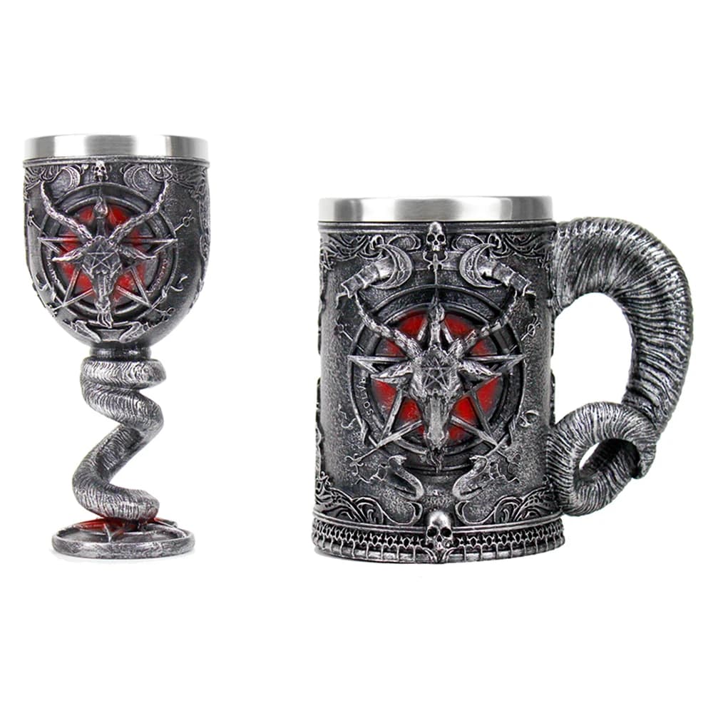 Nuovo Design Baphomet Pentagram Horn Goblet Calice da Vino 200ml 600ml Boccale Gotico in Acciaio Inossidabile Boccale da Birra Regalo di Halloween