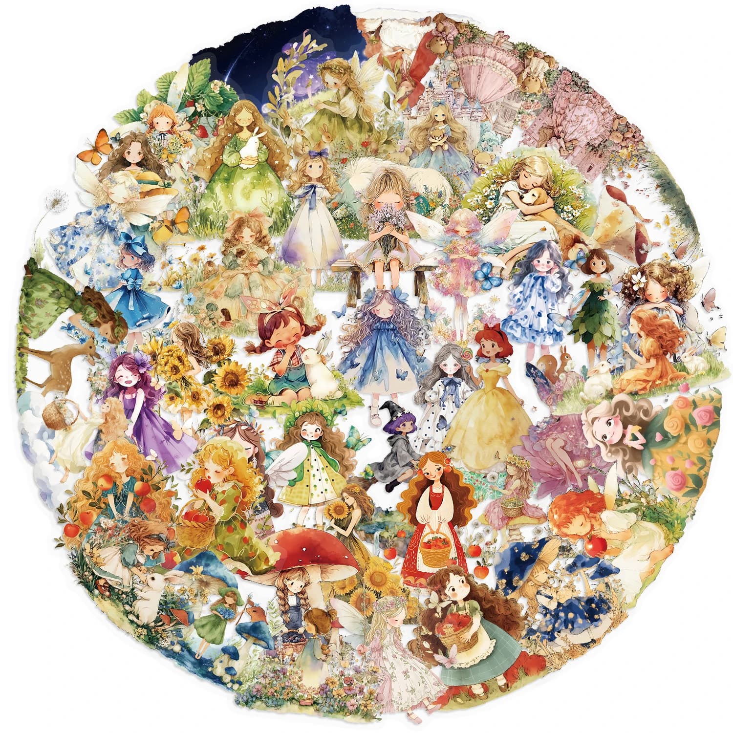 50 Pezzi Adesivi Principesse delle Fiabe in PET Trasparente per Diari, Tablet, Telefoni, Bicchieri, Decorazioni, Quaderni
