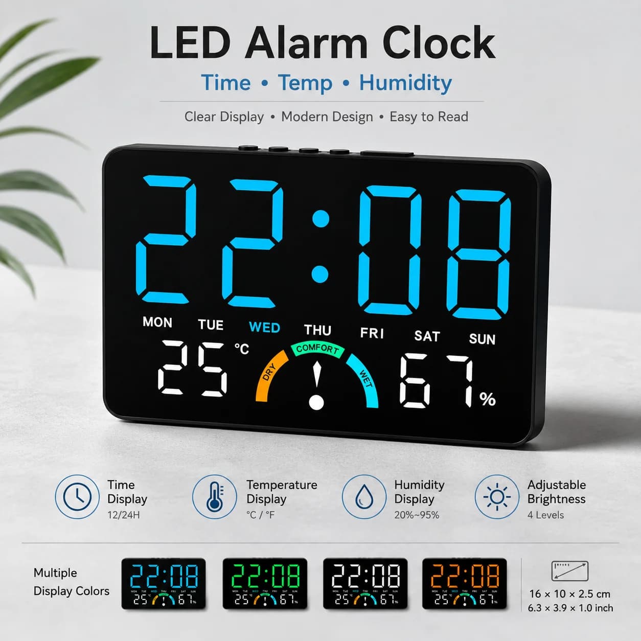 LED Digital Alarm Clock, Wall Mount & Desktop Electronic Clock with Large Time Display, Temperature Humidity Monitor, Week Indicator, Adjustable Brightness, Modern Table Clock for Bedroom, Living Room, Office, Desk Decor