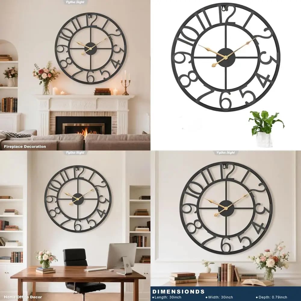 30 Inch Giant Wall Clock, Extra Large, Silent, Vintage Industrial Style, Black Metal, with Arabic numerals, for Rustic Furniture