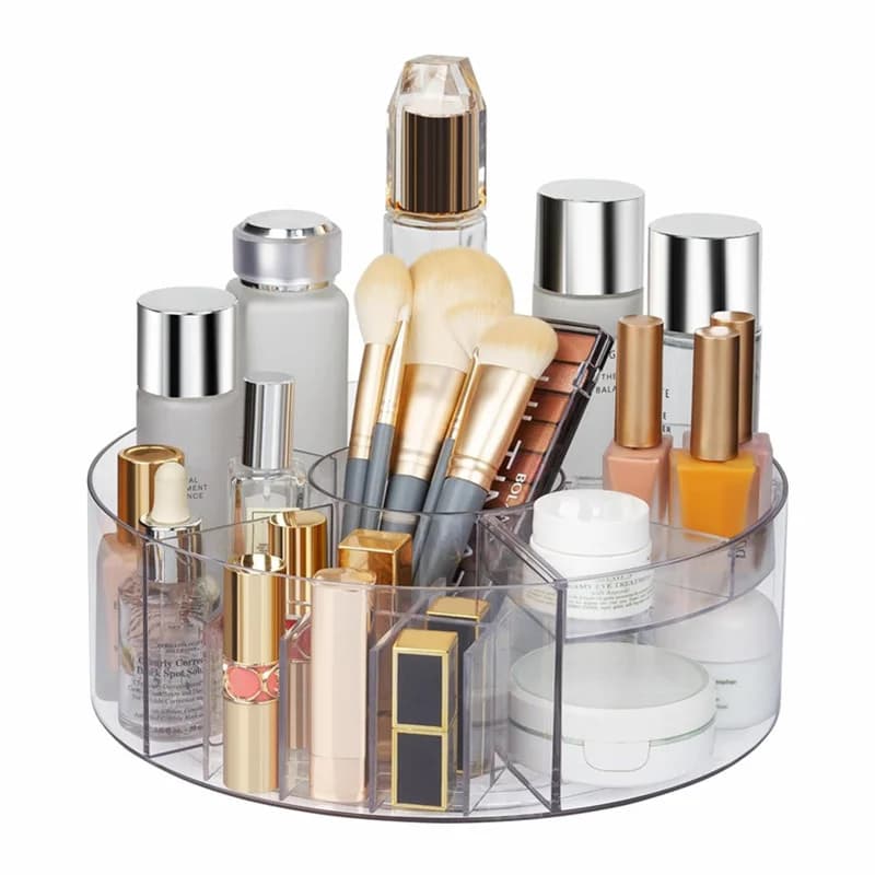 360 ° Organizzatore per trucco rotante Giradischi trasparente da 10 pollici Lazy Susan Organizer Supporto per cosmetici rotante con 6 divisori JAF225