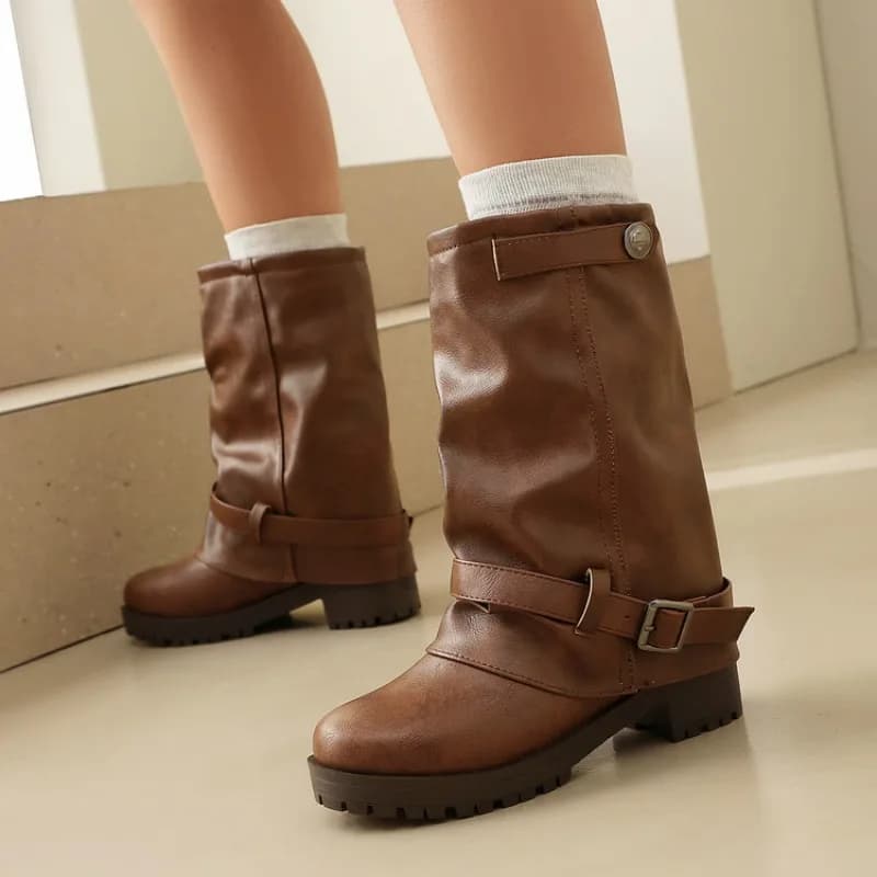 2026 Autumn and Winter New Knee High Boots with Pleated Round Toe Women's Midsole Boots