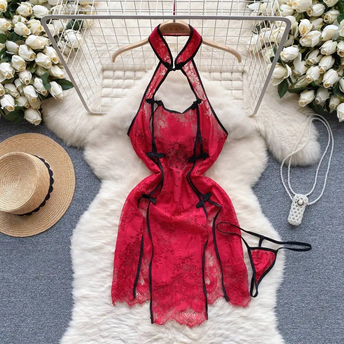 Mini abito da donna sexy con scollo all'americana scava fuori abito sexy in pizzo abito da notte aderente con spacco caldo abito da pigiama lingerie erotica da donna