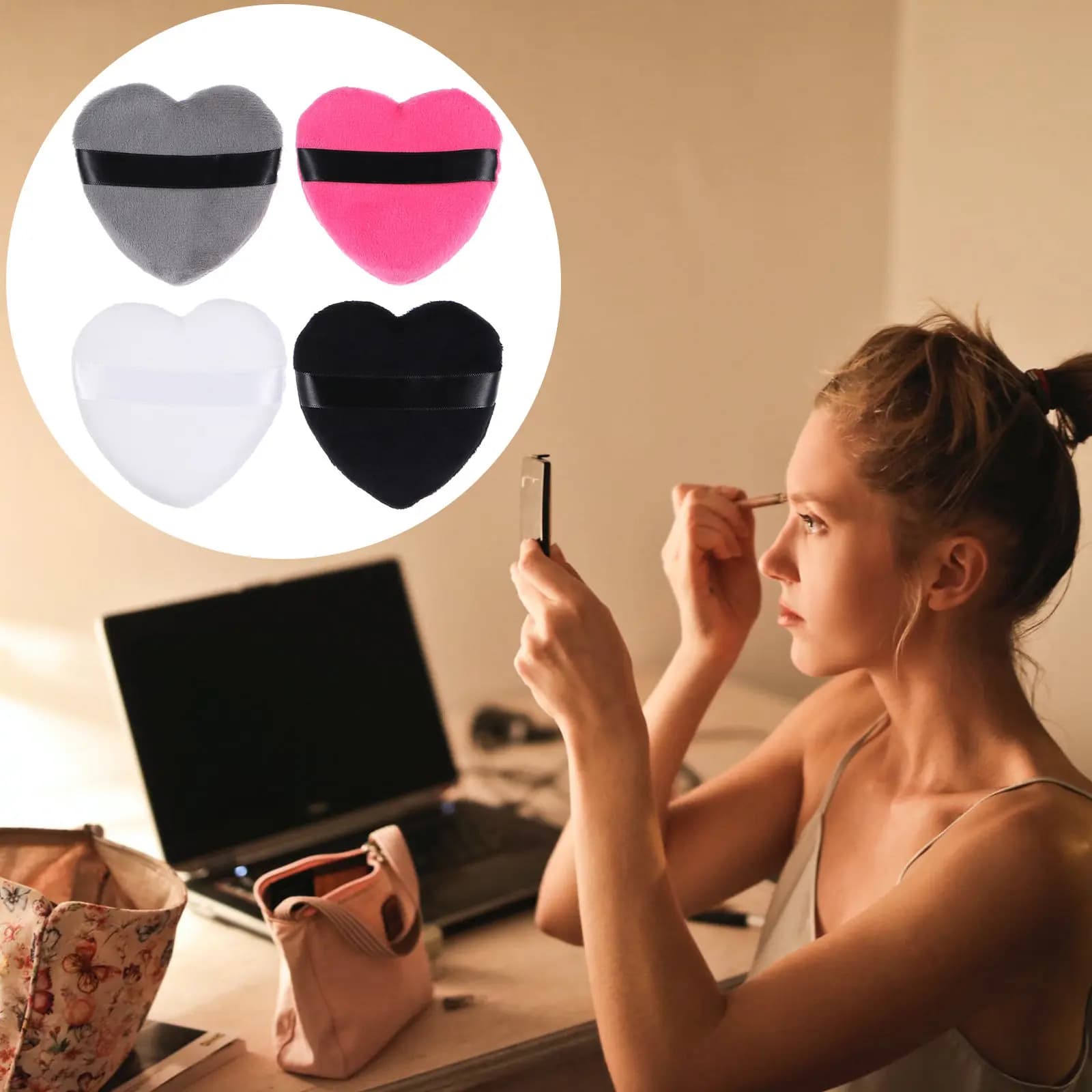 4 Pezzi Spugnette Trucco a Cuore in Cotone Morbido per Cipria, Fondotinta e Strumenti per il Trucco Viso e Corpo