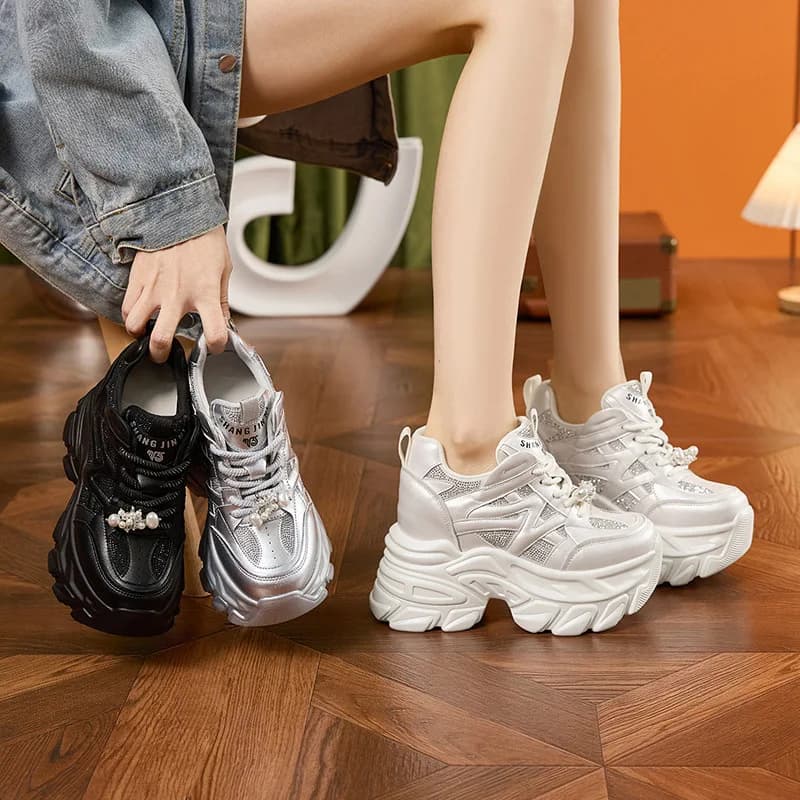 Sneakers con Piattaforma da 10cm per Donna, Scarpe Casual Traspiranti con Strass per Aumentare l'Altezza, Primavera