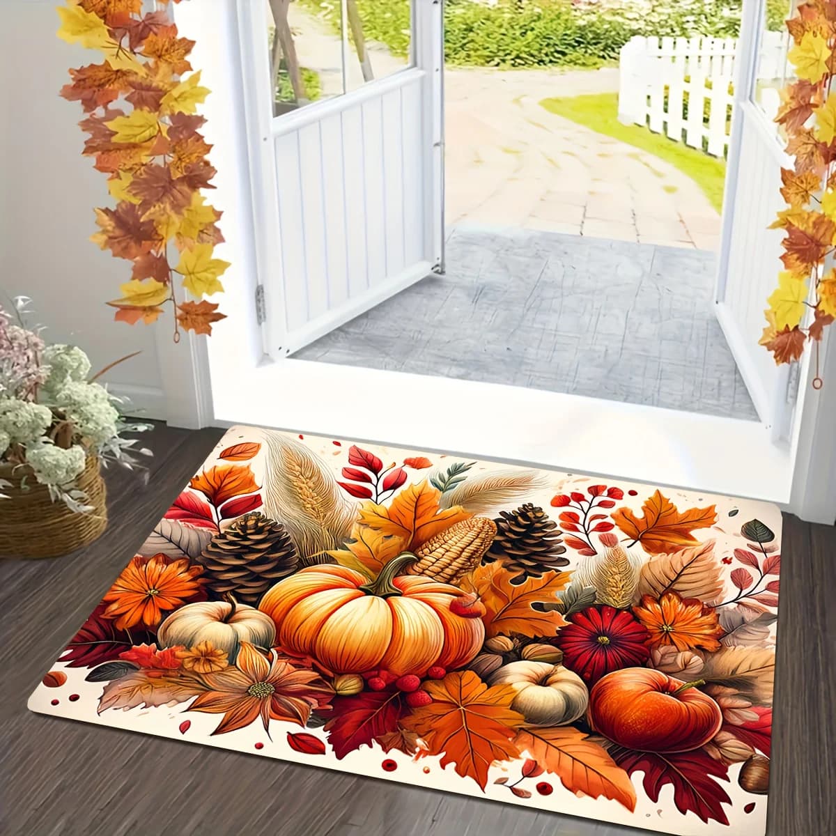 1pc Pumpkin and Maple Leaves Pattern Printing Floor Mat for Home Entrance, Wash Basin Bathtub Side Non-slip Mat, Soft Home Dec