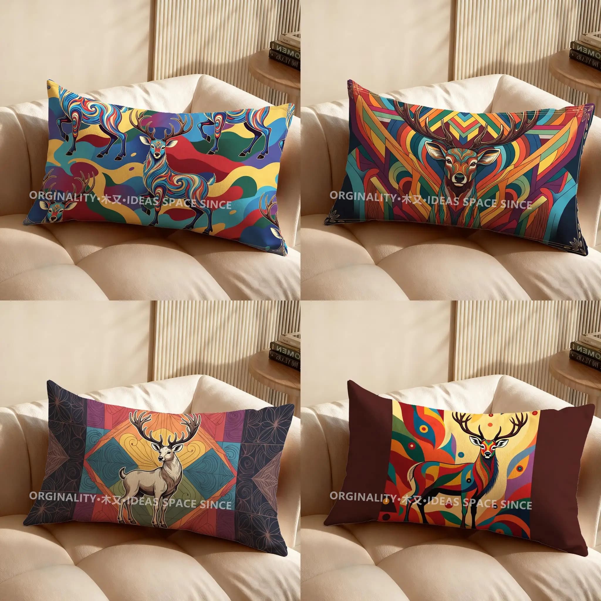 Cuscino con motivo cervo astratto colorato 2D, adatto per divano, camera da letto, auto, cuscino rettangolare per la schiena