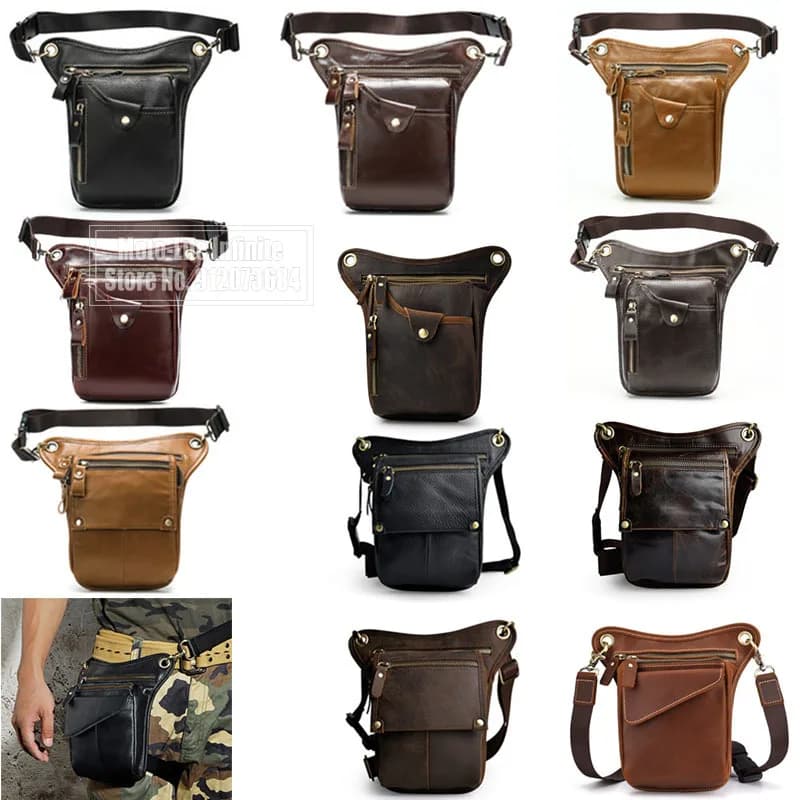 Motorcycle Riding Grain Real Leather Design Shoulder Sling Bag Phone Pouch Travel Fanny Waist Belt Pack Leg Thigh Bag For Men