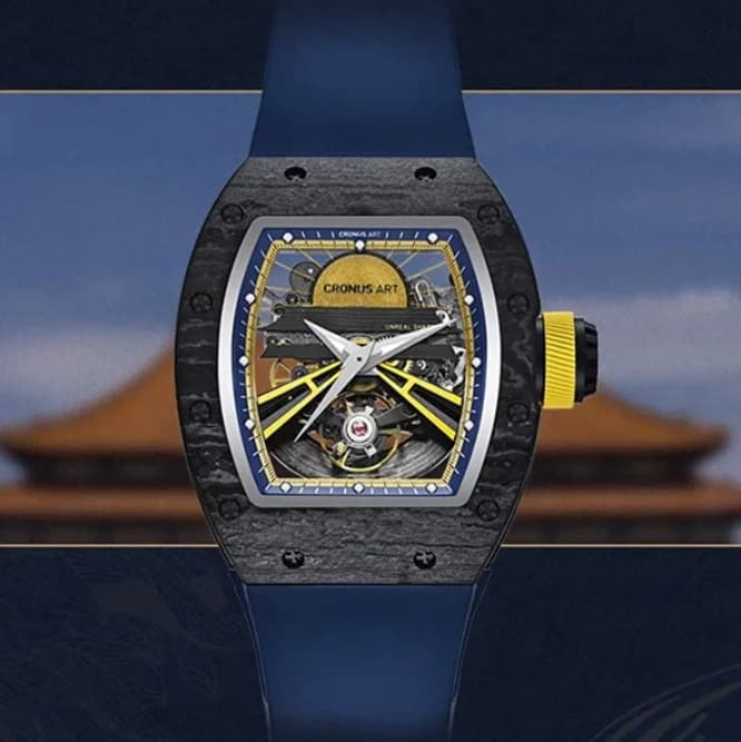 Orologio Automatico da Uomo CRONUSART, Meccanico Tonneau con Cassa in Fibra di Carbonio, Quadrante Scheletrato Luminoso Sunrise, Cinturino FKM