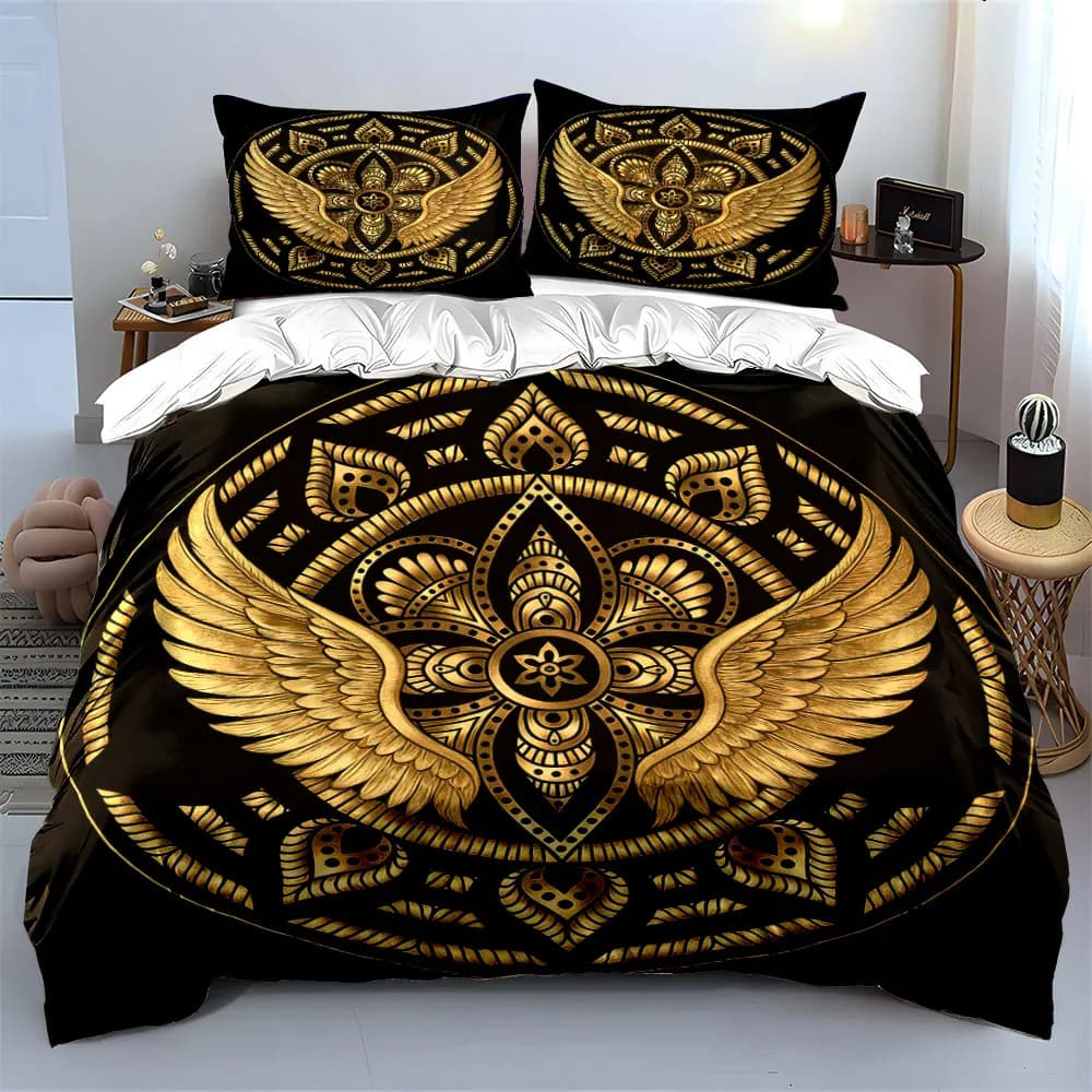 Set di decorazioni con ali mandala dorate, set di biancheria da letto morbida e confortevole, include 1 copripiumino e 2 federe, regalo