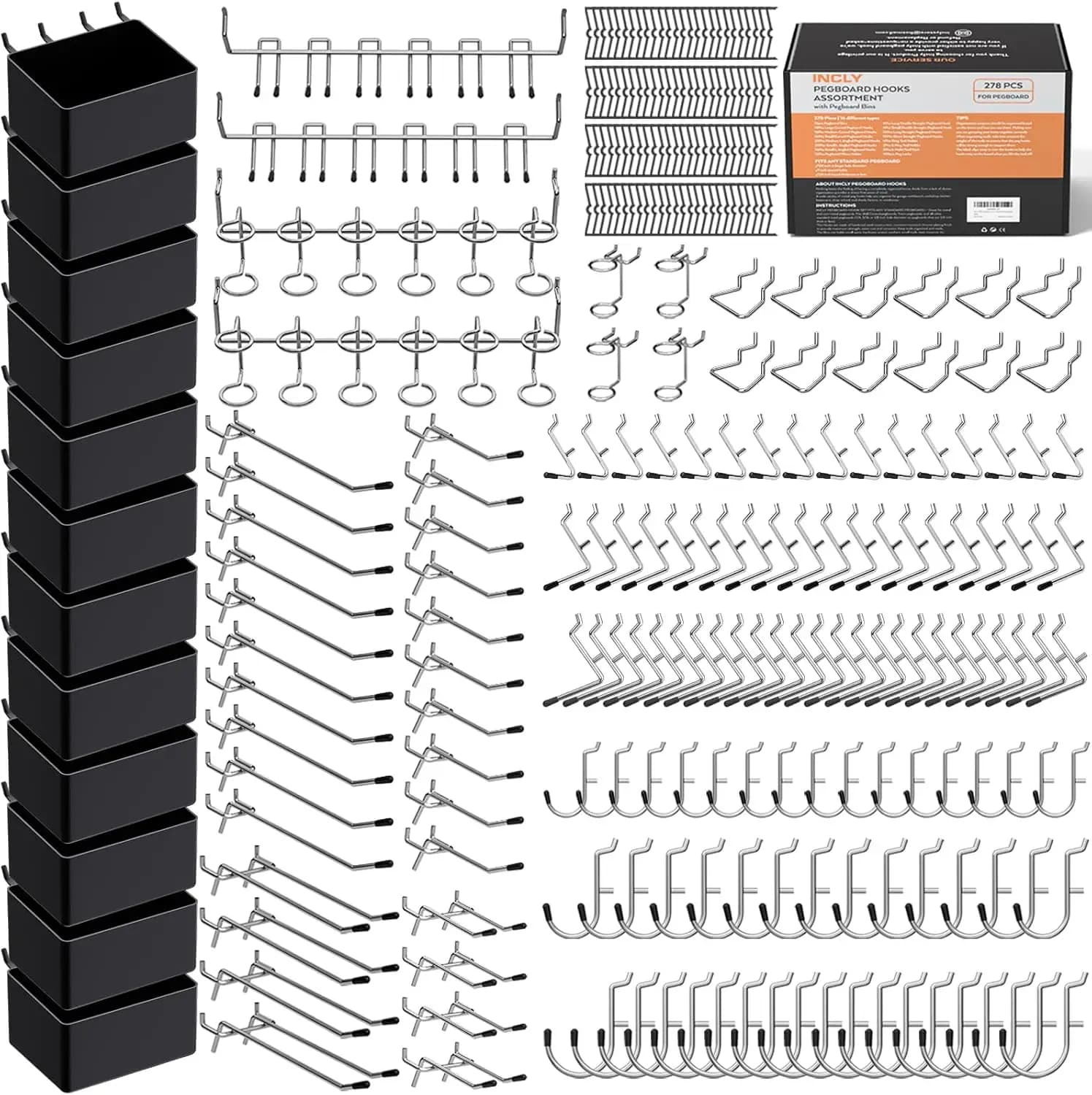 Kit Organizzatore Accessori per Pannello Forato da 278 Pezzi con Ganci e Contenitori per Utensili, Adatto a Pannelli Forati da 1/8 o 1/4 di Pollice per Organizzazione a Parete in Garage