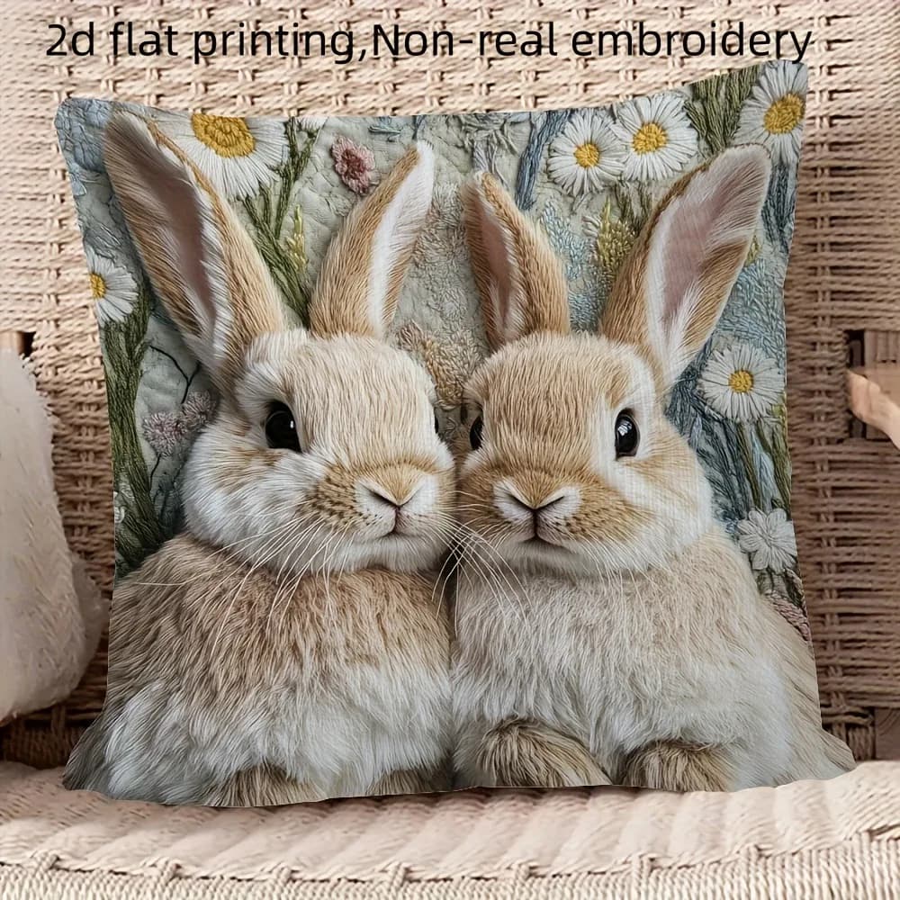 Polyester cushion cover with flat 2D printing, design with rabbit and butterfly, different sizes, for home decoration, sofa, bedroom, office