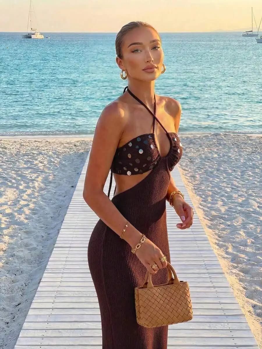 Womens Bohemian Sequin Spaghetti Strap Backless Maxi Dress Sleeveless Knit Waist Cutout Beach Vacation Party