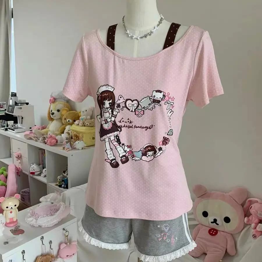 Sweet Cool Y2K Short Sleeve Sweatshirt Jacket Women's Summer Cute Japanese Style Top Straight Leg Pants Skirt Set