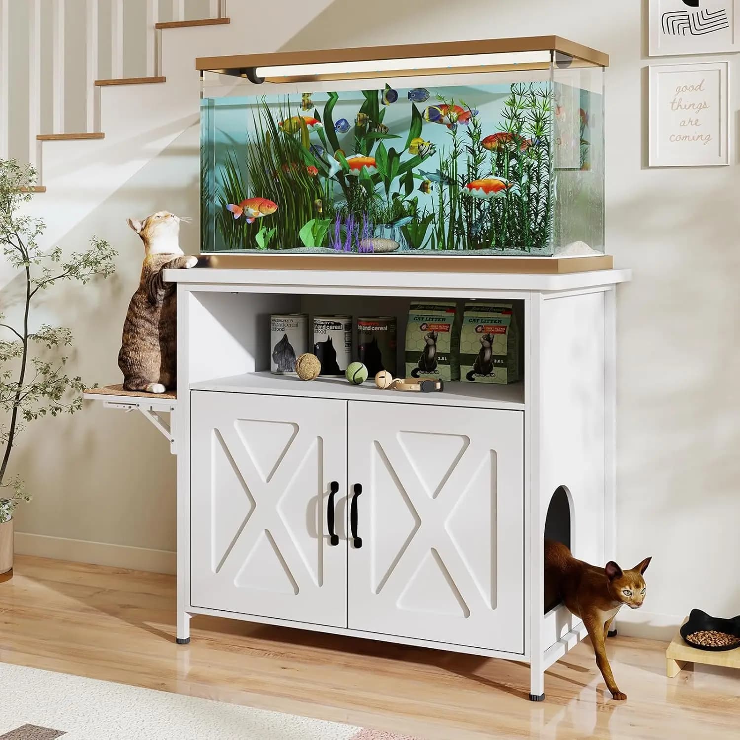 Garden 40-50 Gallon Fish Tank Stand with Hidden Cat Litter Box Enclosure Furniture, Cat Viewing Aquarium Stand with Storage She