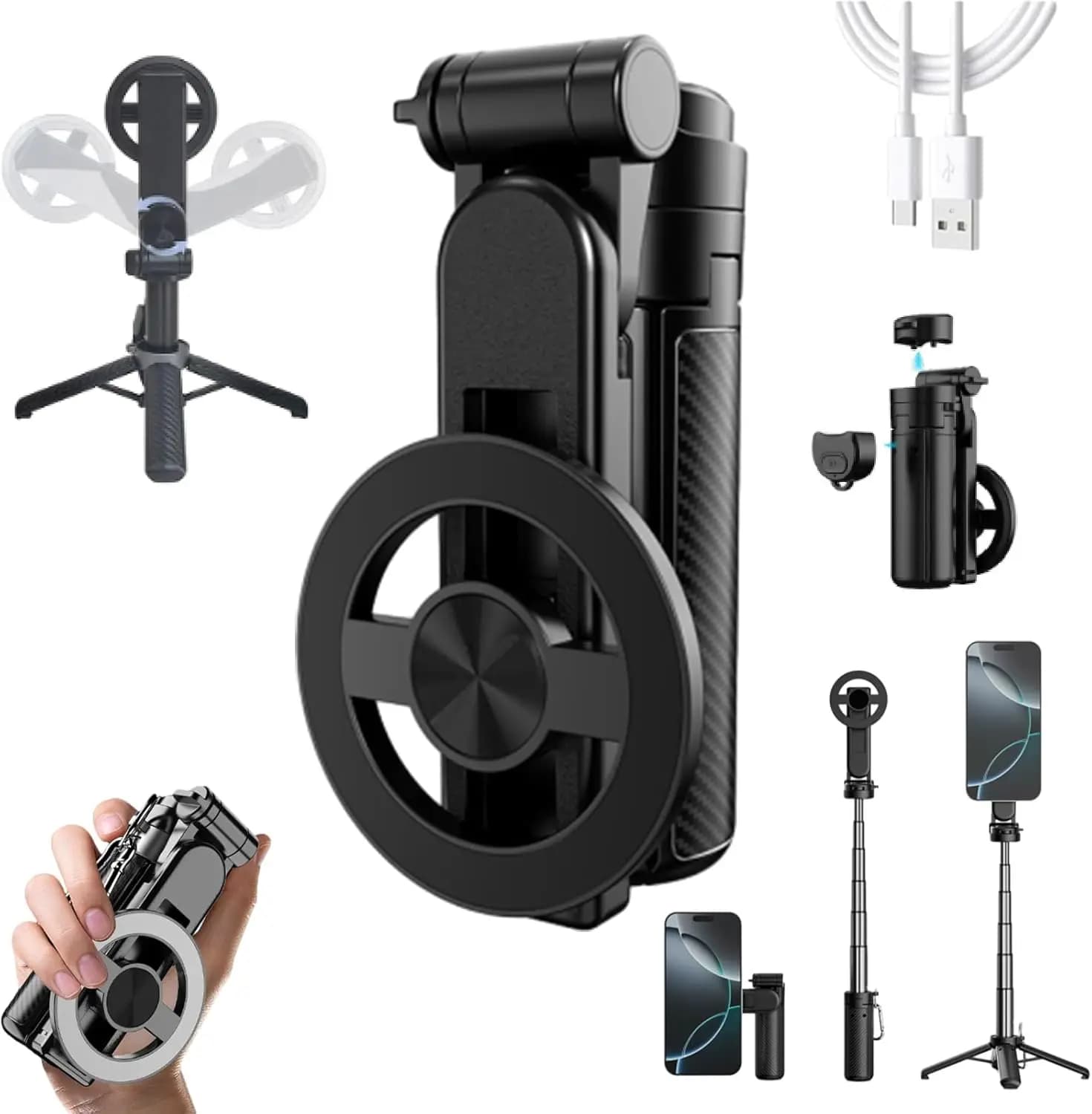 Selfie Magnetic Pocket Stick, Magnetic Tripod 4 in 1 for iPhone, 360° ° Extensible and Stable Rotating Tripod
