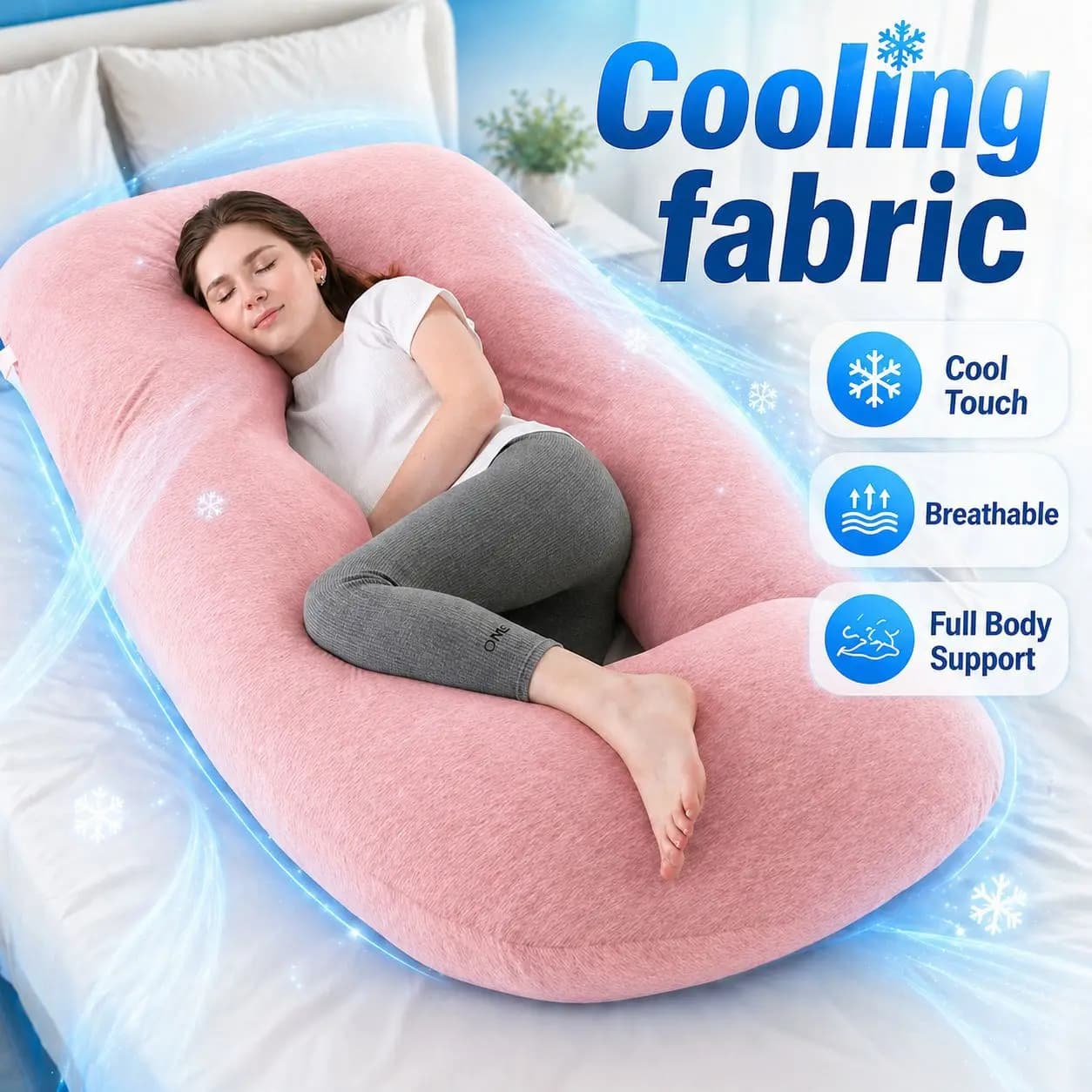 Cooling Maternity Pillow for Side Sleep, Belly & Back Support with Detachable Arm, Breathable Pregnancy Body Pillow for Summer
