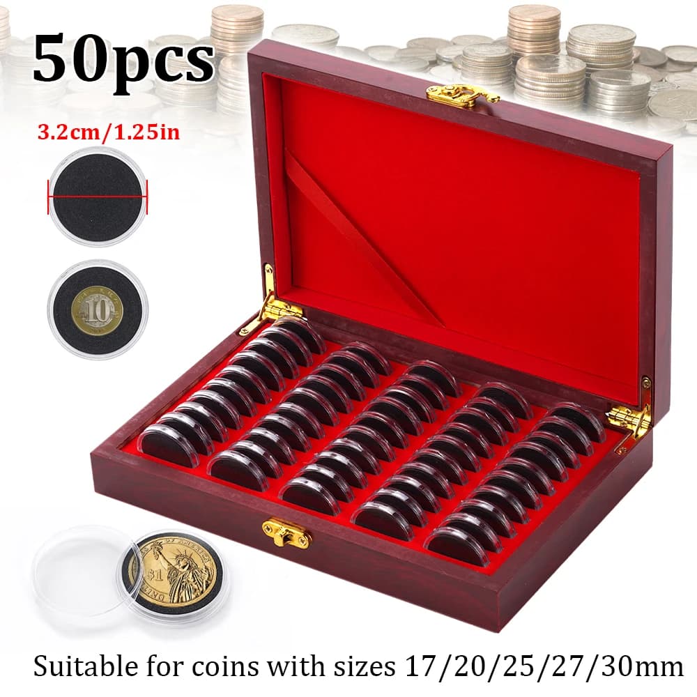 50-Coin Commemorative Coin Storage Box Wooden Case with 17/20/25/27/30mm Black Adjustable Inner Pads Coin Storage Square Box