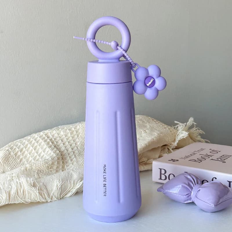 Bicchiere floreale da 450 ml - Bottiglia d'acqua isolata in acciaio inossidabile con manico a fiore Boccetta da viaggio per bevande calde e fredde