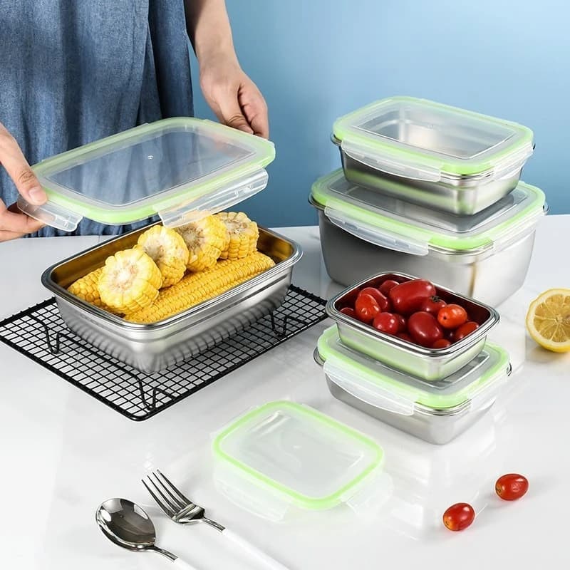 Coperchio ermetico del contenitore di conservazione degli alimenti in acciaio inossidabile 304 per il pranzo Snack di frutta Gnocchi Conservazione fresca Scatola di organizzazione della cucina