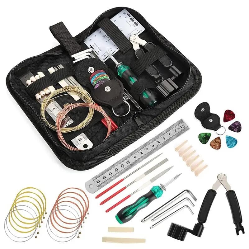 Kit di Attrezzi per Chitarra A51Q, Set Multifunzionale per Riparazione Chitarre, Cassetta degli Attrezzi per Ricambi, Plettri, Corde e Fibbie di Fissaggio