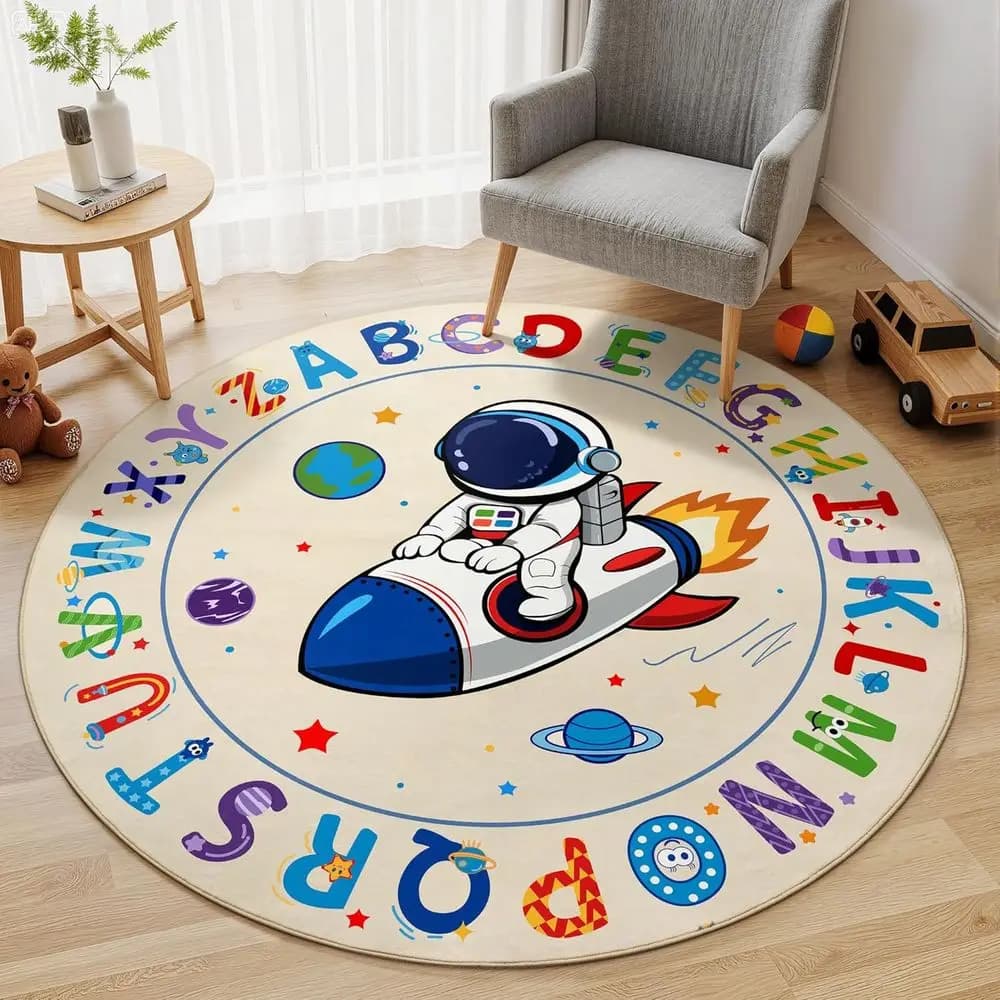 Space Explorers Alphabet Carpet - Washable and anti-slip children's educational carpet for games rooms and blue nursery