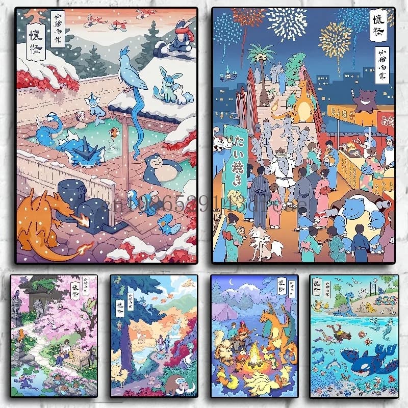 Pokemon Edo Periodo Figure anime classiche Pittura su tela Poster e stampe Immagine di arte della parete per soggiorno Regalo Decorazioni per la casa