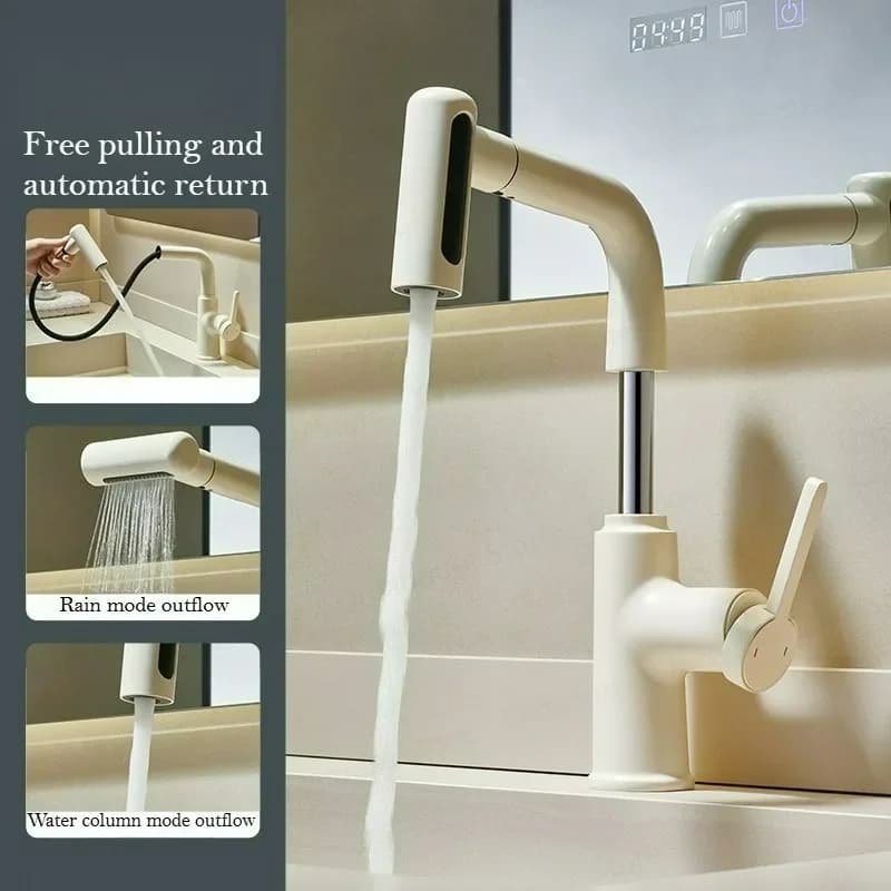 Brass Basin Faucet Pull-Out Sprayer Hot Cold Water Sink Mixer Wash Tap for Bathroom - Lift up down Stream Function
