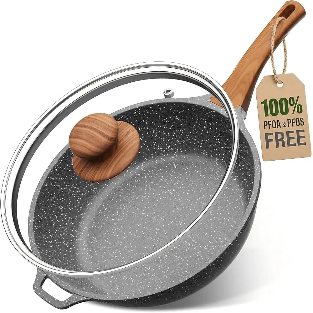Padella Antiaderente da 12 Pollici con Coperchio in Vetro, Padella Profonda da 5 QT, Pentola in Pietra di Granito per Cucina Sana Familiare
