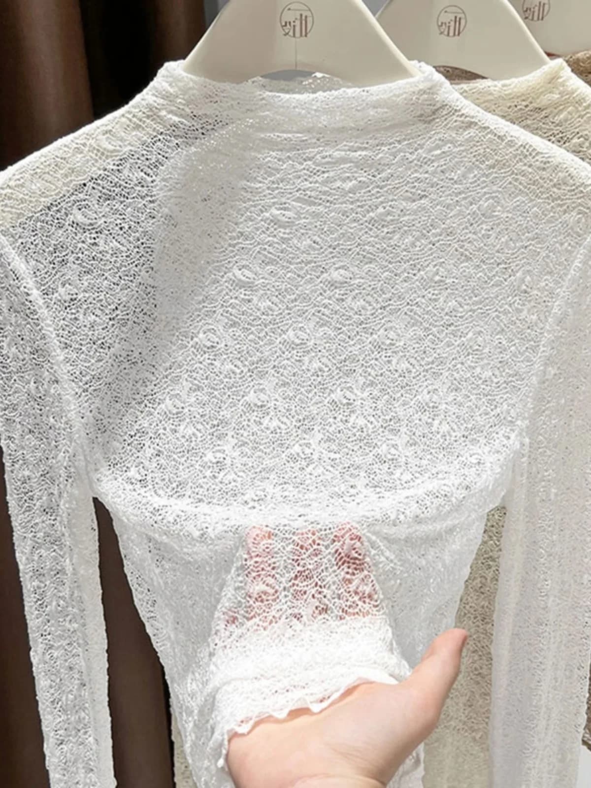 Lace Base Layer Shirt Women's Inner Wear Sweater Stylish Autumn Winter Layered Thickened Fleece Mid-Neck Mesh Top
