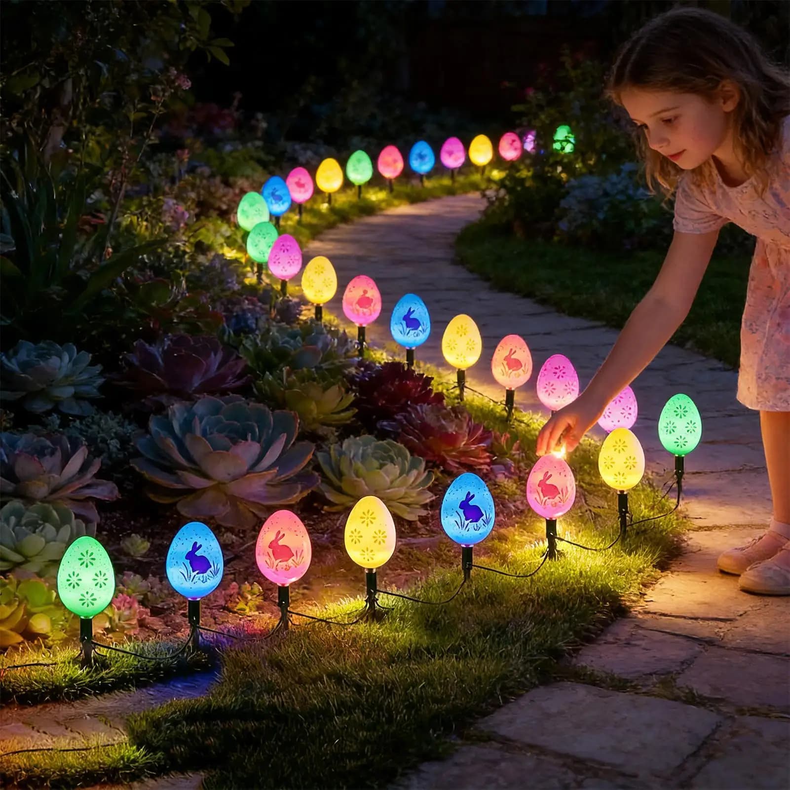 Luci Solari a Forma di Uovo di Pasqua, Catena Luminosa da Esterno Impermeabile 3,5m con Picchetti, Decorazione Festiva Primaverile per Giardino, Cortile e Vialetti