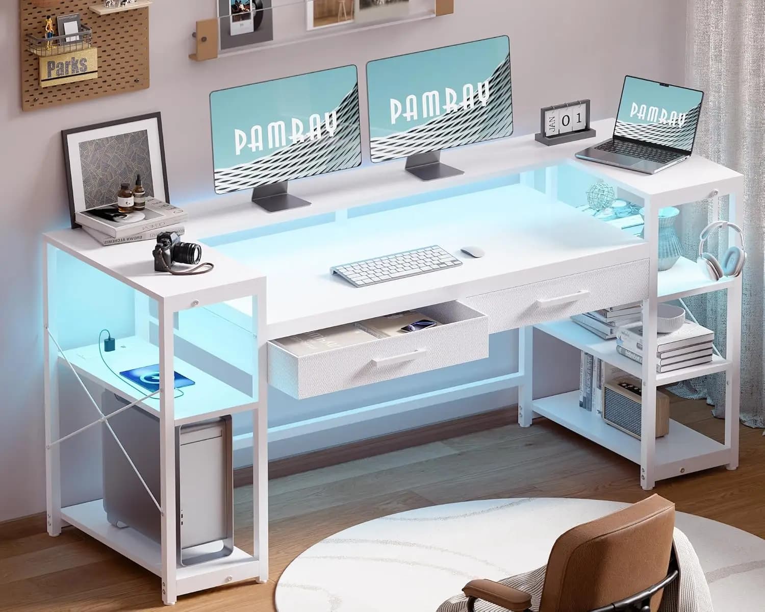 58 Inch Gaming Desk and PC Vanity Table with Monitor Stand, Shelves, LED Lights, Power Outlets, and 2 Drawers for Home Office, White