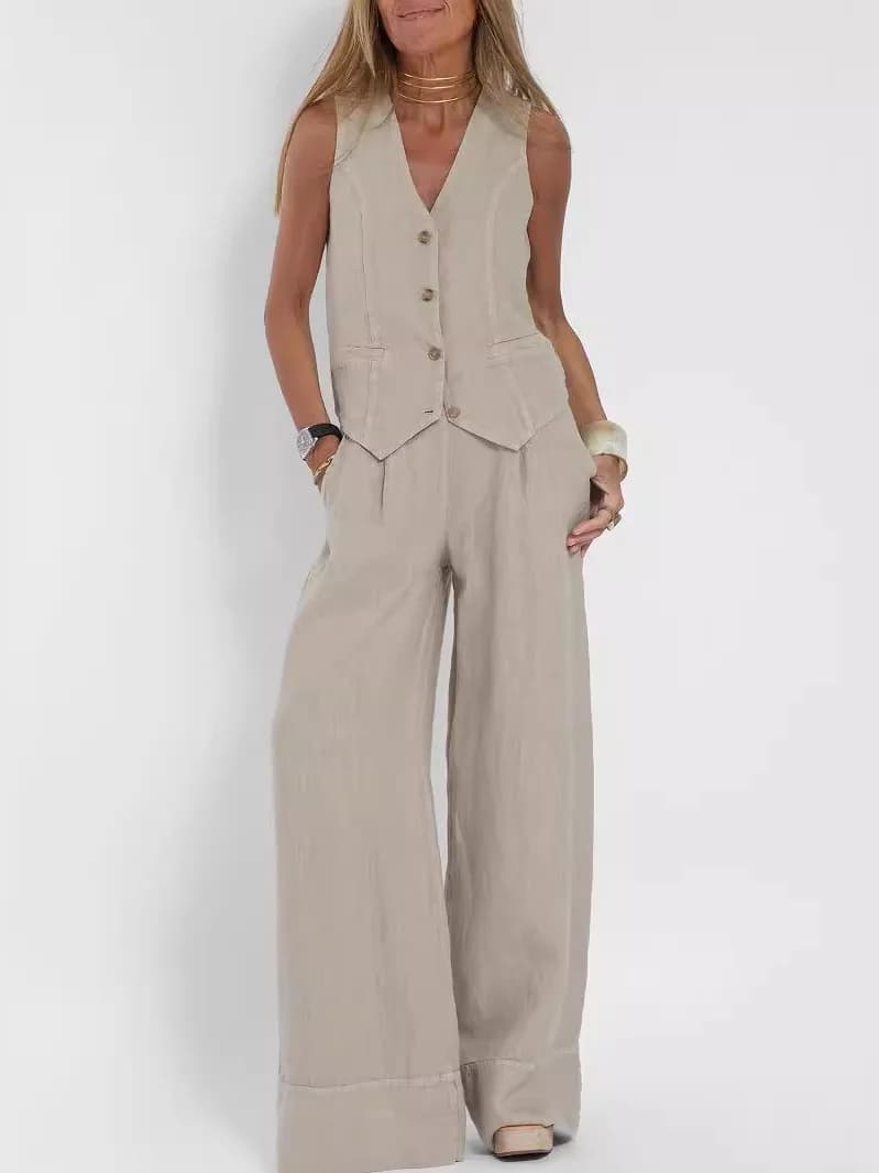 Elegante Completo da Donna per il Lavoro: Gilet e Pantaloni in Cotone, Stile Casual per Tutte le Stagioni
