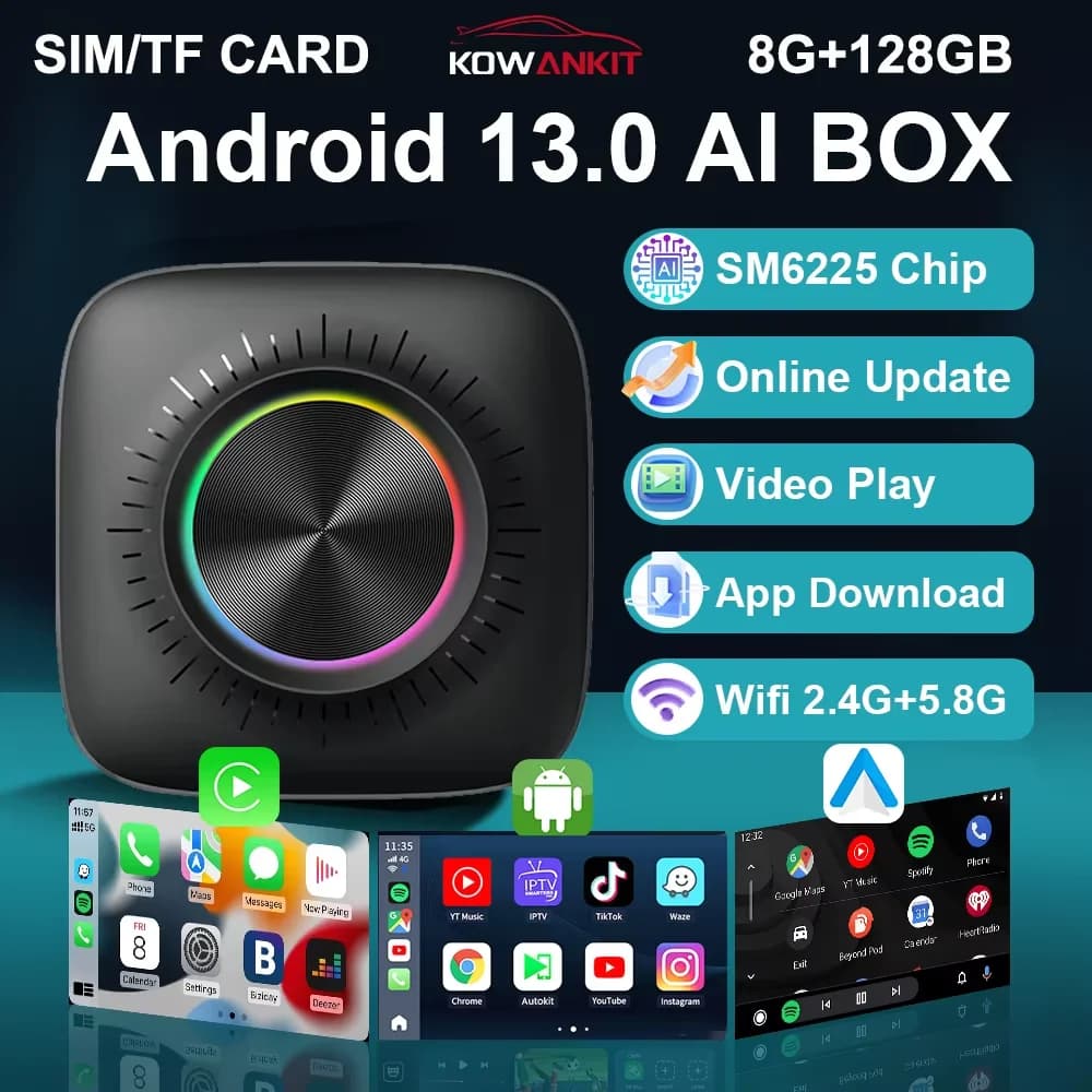 KowanKit 8G+128G CarPlay Ai Box Android 13 SM6225 8 Cores Smart Android TV Box Wireless CarPlay Android Auto Plug & Play 3 in 1