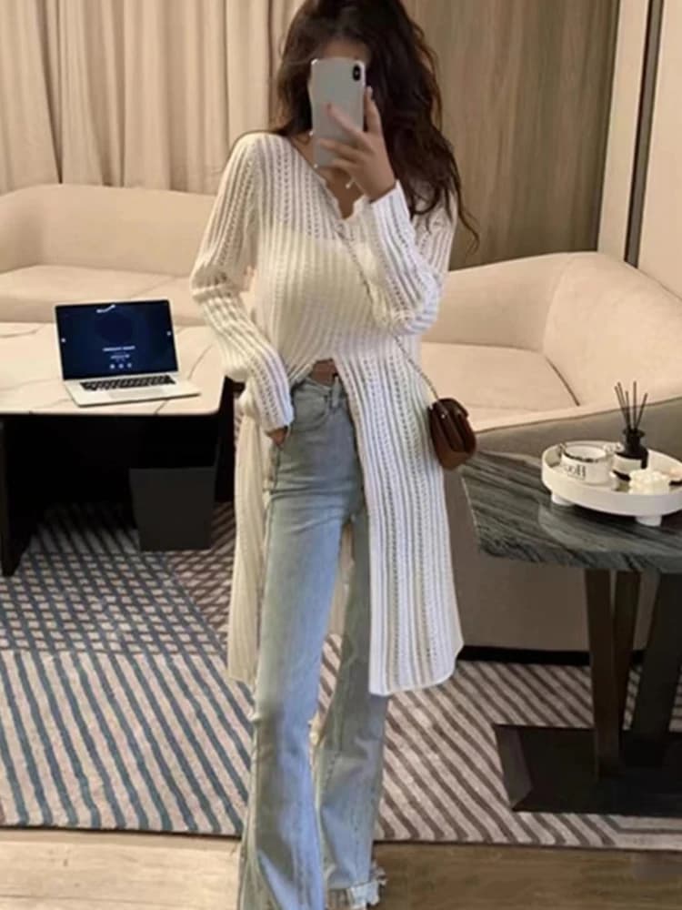 Camicia lunga sottile lavorata a maglia divisa con scollo a V primavera autunno Moda donna Scava fuori Casual Manica lunga Protezione solare Top Camicetta elegante Top