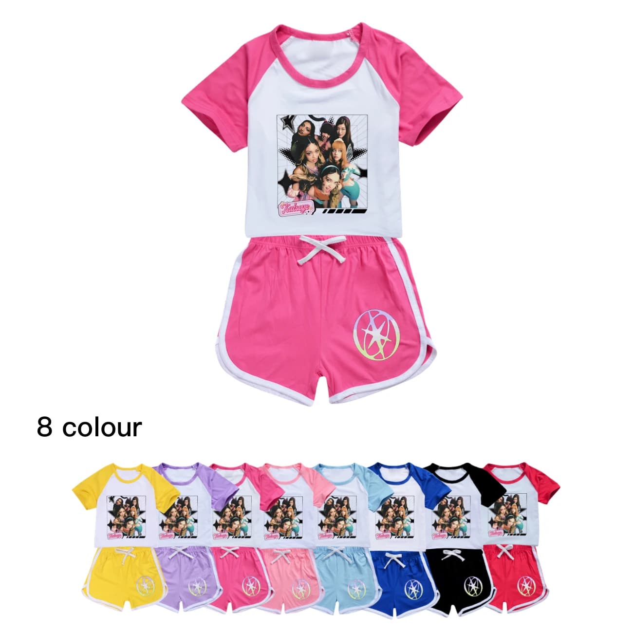 Tute sportive per bambini con stampa divertente Hot Katseye, abbigliamento sportivo per ragazze, pigiami, set di t-shirt a maniche corte e pantaloni con cartoni animati, costume da casa