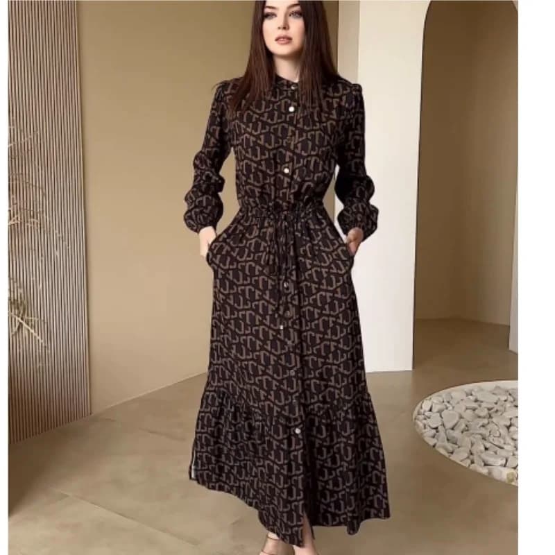 Elegant Fashionable Knot Waist Dress Single Button Long Dress Autumn New Arrival Women's Knitted Polyester A-Line Shirt Dress